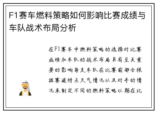 F1赛车燃料策略如何影响比赛成绩与车队战术布局分析